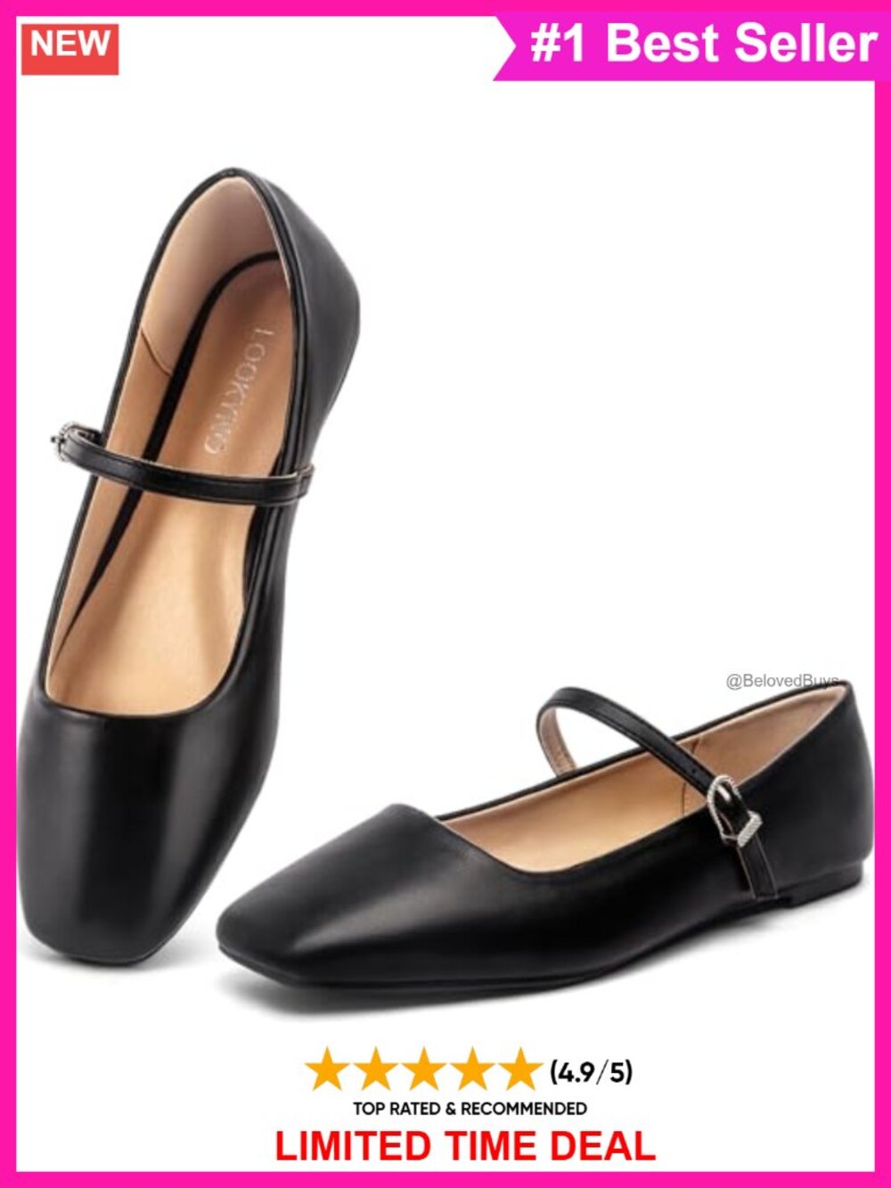 Mary Jane Flats Faux Leather Closed Square Toe Buckle Strap Ballet Flats